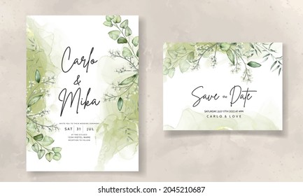 wedding invitation card template with eucalyptus leaves watercolor