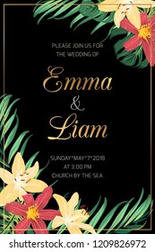 Wedding invitation card template. Exotic tropical jungle bright green palm tree and monstera leaves. Yellow lily flowers border frame on dark background. Vertical portrait aspect ratio.