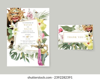 wedding invitation card template with exotic bali dancers watercolor illustration