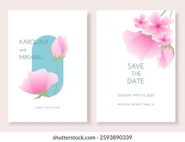 Wedding invitation card template featuring botanical theme, adorned with flat-style sakura flowers on white background. Editable vector illustration