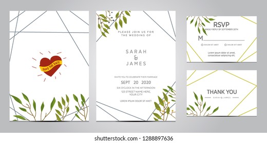 wedding invitation card template. Floral invite thank you, rsvp modern card design. Wedding Invitation card green set vector illustration.