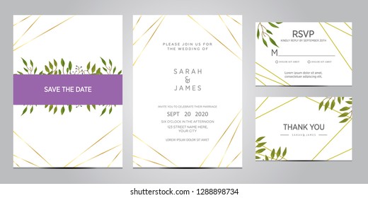wedding invitation card template. Floral invite thank you, rsvp modern card design. Wedding Invitation card green set. vector illustration