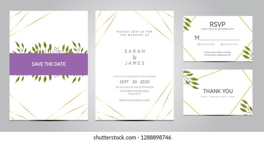 wedding invitation card template. Floral invite thank you, rsvp modern card design. Wedding Invitation card green set. vector illustration