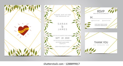 wedding invitation card template. Floral invite thank you, rsvp modern card design. Wedding Invitation card green set. vector illustration