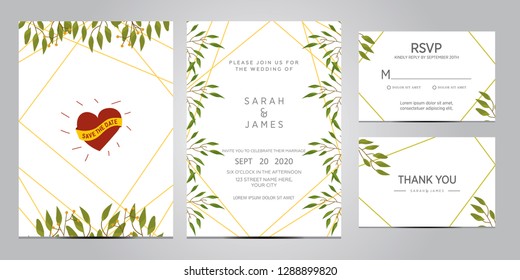 wedding invitation card template. Floral invite thank you, rsvp modern card design. Wedding Invitation card green set. vector illustration