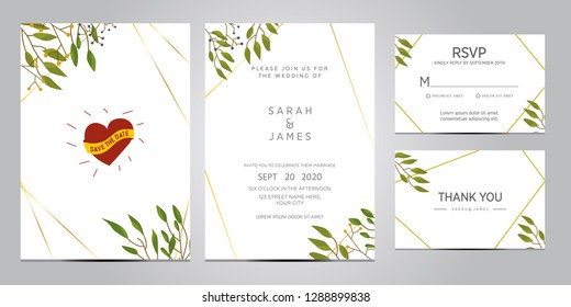 wedding invitation card template. Floral invite thank you, rsvp modern card design. Wedding Invitation card green set. vector illustration