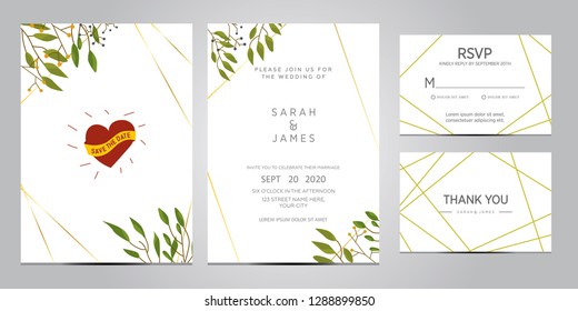 wedding invitation card template. Floral invite thank you, rsvp modern card design. Wedding Invitation card green set. vector illustration