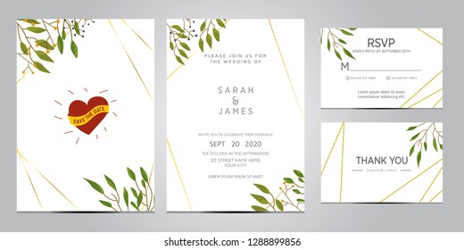 wedding invitation card template. Floral invite thank you, rsvp modern card design. Wedding Invitation card green set. vector illustration