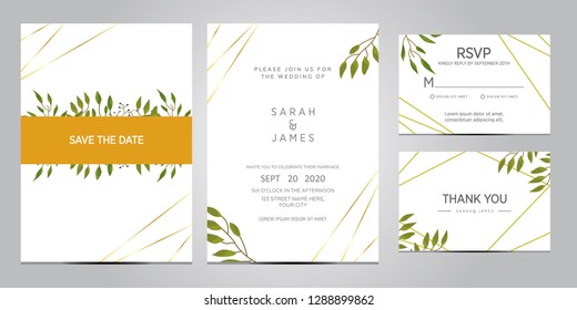 wedding invitation card template. Floral invite thank you, rsvp modern card design. Wedding Invitation card green set. vector illustration
