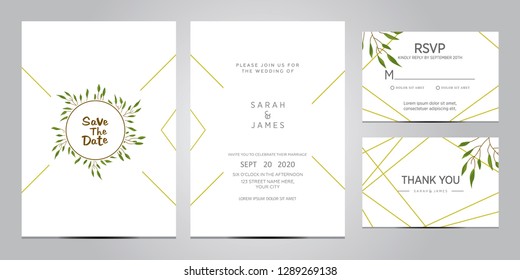 wedding invitation card template. Floral invite thank you, rsvp modern card design. Wedding Invitation card green set. vector illustration