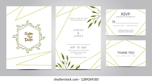 wedding invitation card template. Floral invite thank you, rsvp modern card design. Wedding Invitation card green set. vector illustration