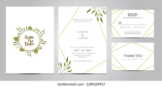 wedding invitation card template. Floral invite thank you, rsvp modern card design. Wedding Invitation card green set. vector illustration