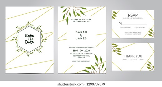 wedding invitation card template. Floral invite thank you, rsvp modern card design. Wedding Invitation card green set. vector illustration