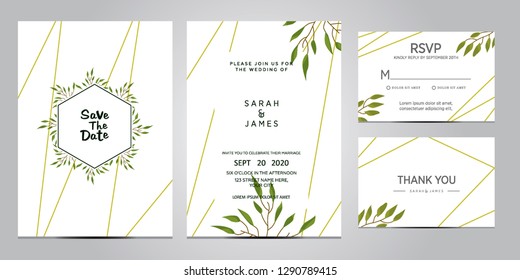 wedding invitation card template. Floral invite thank you, rsvp modern card design. Wedding Invitation card green set. vector illustration