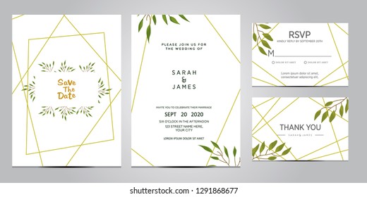 wedding invitation card template. Floral invite thank you, rsvp modern card design. Wedding Invitation card green set. vector illustration
