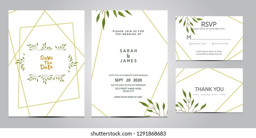 wedding invitation card template. Floral invite thank you, rsvp modern card design. Wedding Invitation card green set. vector illustration
