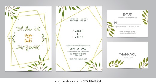 wedding invitation card template. Floral invite thank you, rsvp modern card design. Wedding Invitation card green set. vector illustration
