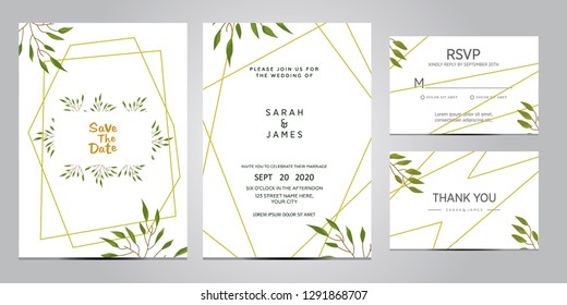 wedding invitation card template. Floral invite thank you, rsvp modern card design. Wedding Invitation card green set. vector illustration