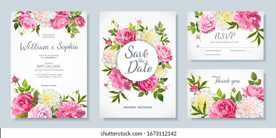 Wedding invitation card template. Floral design with blooming flowers of pink and light yellow peonies, lovely roses, buds, green leaves