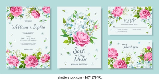 Plantilla de tarjeta de invitación de boda. Diseño floral con flores florecientes de bonitas rosas rosas rosas, Phloxes claros, gypsophila blanca tierna, brotes y vegetación. Ilustración del vector