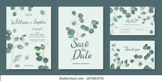 Wedding Invitation Card Template. Floral Design With Branches Of Silver Dollar Eucalyptus. Vector Illustration In Mint, Green, Blue Tones