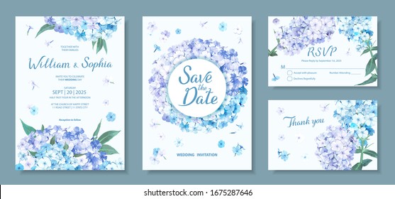 Wedding invitation card template. Floral design with blooming flowers of light-blue and violet Phloxes, green leaves. Vector illustration in delicate pastel palette