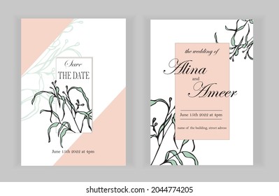 
Wedding invitation card template. Floral modern blue hand drawn design. Eucalipt illustration