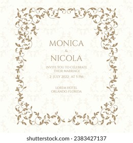 Wedding invitation. Card template with floral frame. Classic design page. 