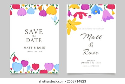 Wedding invitation card template with floral and leaves. Vector illustration