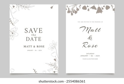Wedding invitation card template with floral frame decoration. Vector illustration