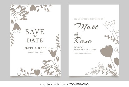 Wedding invitation card template with floral frame decoration. Vector illustration