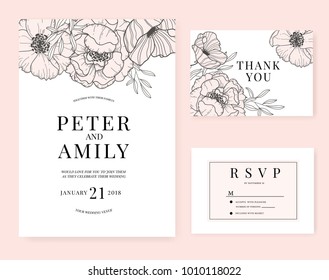 wedding invitation card template with flower pink set