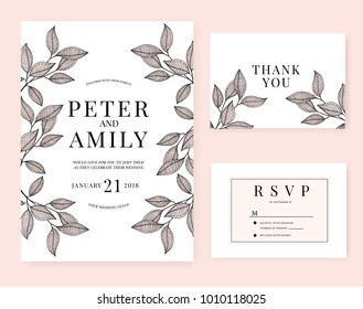 wedding invitation card template with flower pink set