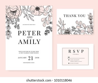 wedding invitation card template with flower pink set