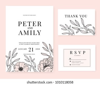 wedding invitation card template with flower pink set