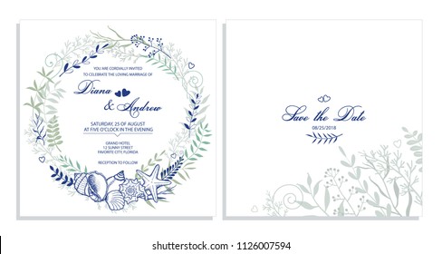 Wedding invitation. Card, template for the invitation. Flower frame, delicate wreath of seashells, twigs, leaves, flowers.