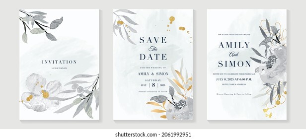 Wedding invitation card template with flower watercolor texture vector. Save the date invite cards. Vector illustration.