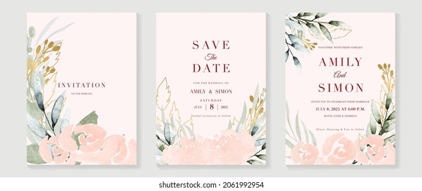 Wedding invitation card template with flower watercolor texture vector. Save the date invite cards. Vector illustration.