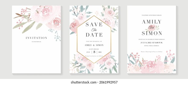 Wedding Invitation Card Template With Flower Watercolor Texture Vector. Save The Date Invite Cards. Vector Illustration.