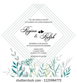 Wedding invitation. Card, template for the invitation. Frame of lines in the form of a rhombus. Background of twigs, leaves and herbs.