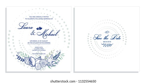 Wedding invitation. Card, template for the invitation. Frame of dots, seashells, leaves and flowers.