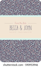Wedding invitation card template. Frame of random colorful dots in vintage style. Marriage invitation card with isolated elements on a fancy purple background. Vector illustration with text.