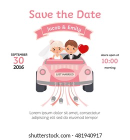 Wedding invitation card template with funny couple. Cartoon illustration of a groom and a bride in retro car. For invitation, greeting card and celebration party.