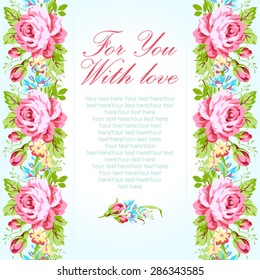 Wedding invitation card template with garden pink roses and forget-me