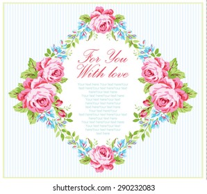 Wedding invitation card template with garden pink roses and forget-me