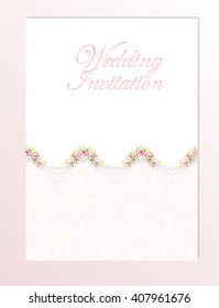 Wedding invitation card template with garden pink roses . Vector illustration