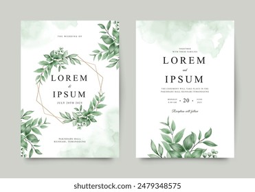 Wedding invitation card template with geometric frame and green leaves