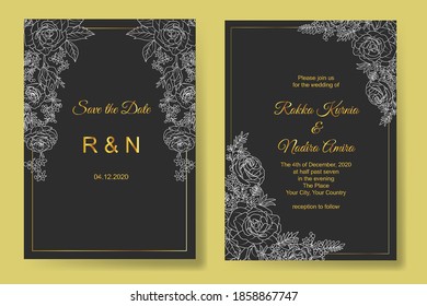 Wedding invitation card template gold black and white set with line art floral decoration