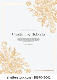 Wedding Invitation Card Template. Gold Flower. Vintage Botanical Illustration.