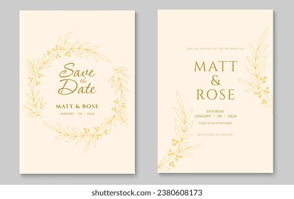 Wedding invitation card template with gold leaf wreath. Abstract foliage line art background design. Vector illustration